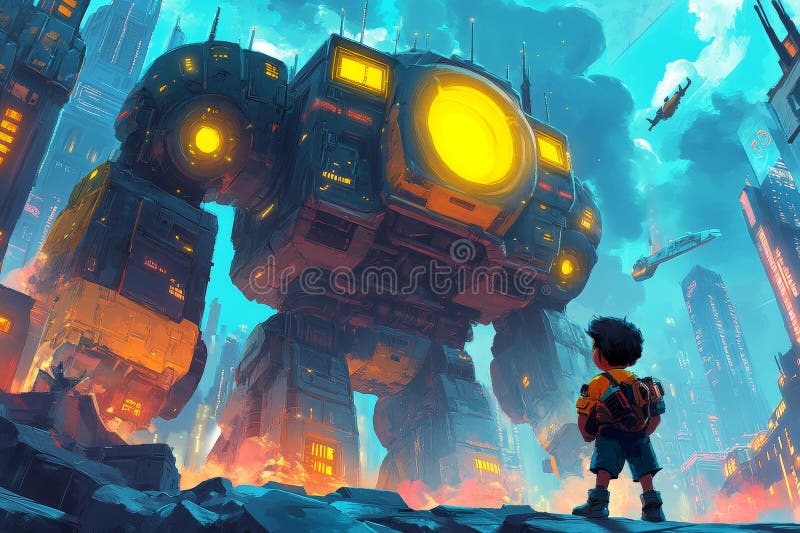 A futuristic city scene with a colossal robot and a small child observing it royalty free stock photography