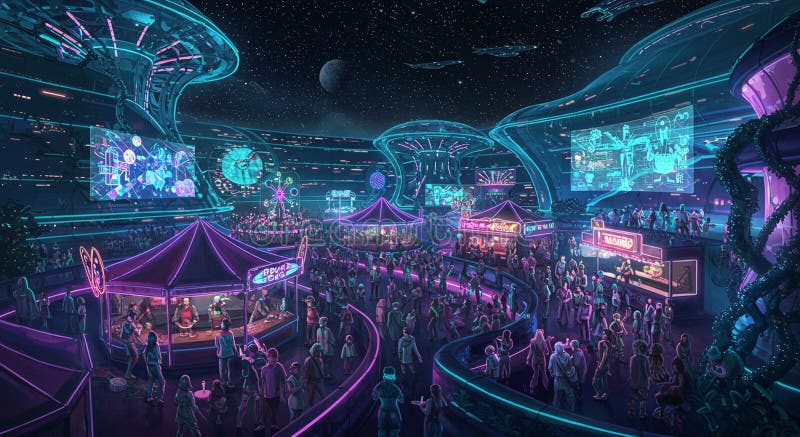 Futuristic city scene with vibrant neon lights and futuristic architecture. Large space vector illustration