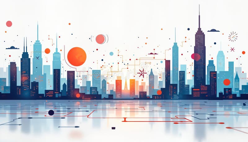 Futuristic city skyline with abstract tech elements. Global communication, data analysis concept. Digital network connecting. Digital network connecting buildings. Innovative tech in urban setting. Modern. AI generated.