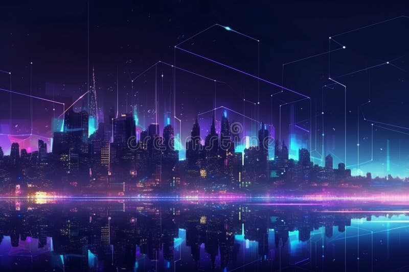 Futuristic City Skyline with Connected Lines and Dots, Representing a ...