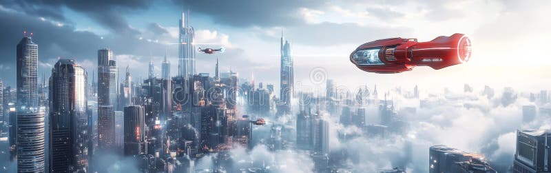 Futuristic city skyline with flying vehicles navigating above clouds during twilight. Wide web banner. stock photo