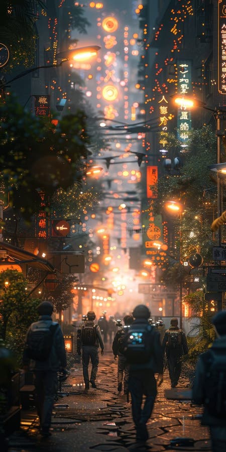 Futuristic city street at night, neon lights, people walking around, bustling atmosphere royalty free illustration