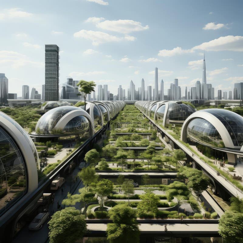 Futuristic city with trees and a green area vector illustration