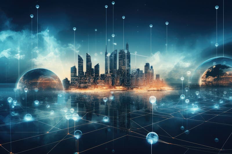Futuristic city και network connection σύλληψη 3d απόδοση της καθολικής σύνδεσης δικτύου και της τεχνολογίας 3d απόδοση απεικόνιση αποθεμάτων