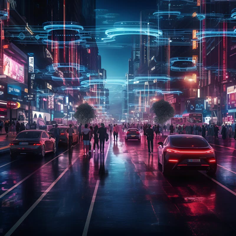A Futuristic Cityscape with Autonomous Vehicles Navigating Traffic Stock Photo - Image of 