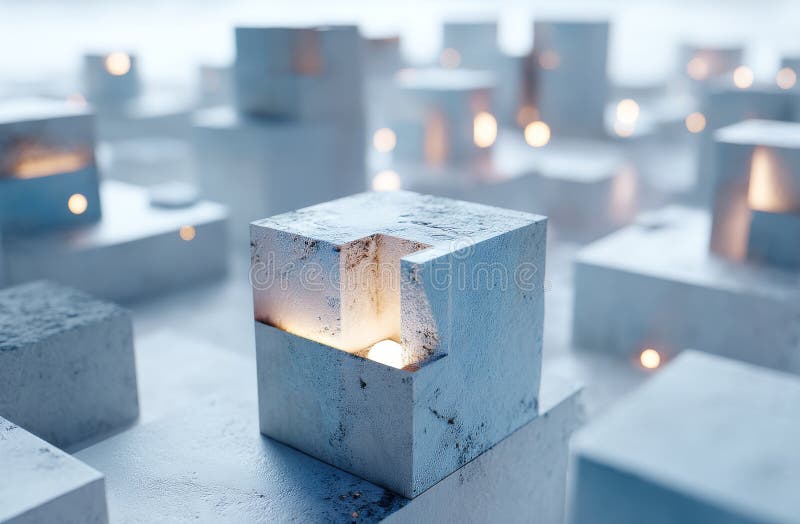 A futuristic cityscape is characterized by its geometric design, block-like structures, and bright orange illumination royalty free stock image