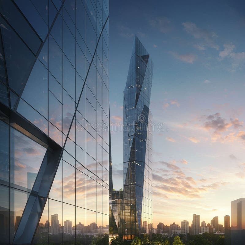Futuristic cityscape featuring a tall, angular skyscraper with a twisting design stock illustration