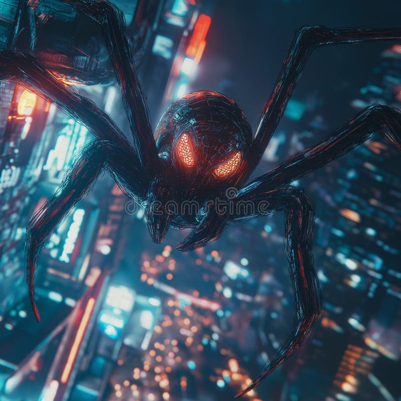 Futuristic cityscape with giant mechanical spider. vector illustration