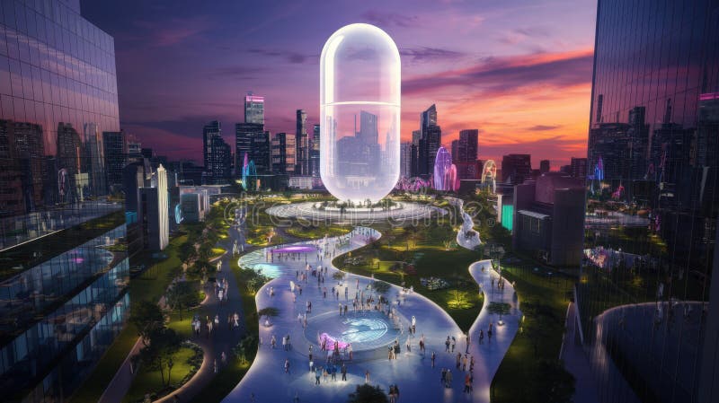Futuristic cityscape with a glowing capsule-shaped structure at sunset, surrounded by modern architecture, illuminated pathways vector illustration