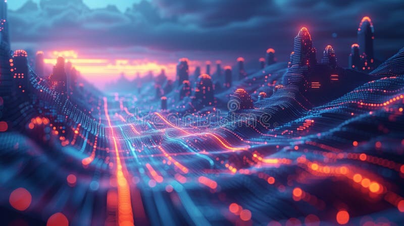 Futuristic cityscape with glowing digital data streams. High-definition 3D rendering. Concept of smart cities and digital stock illustration