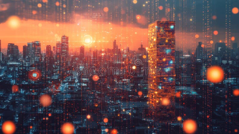 Futuristic Cityscape Golden Data Tower at Sunset Illuminiert mit vernetzter Netzwerkzirkuliererei stock abbildung