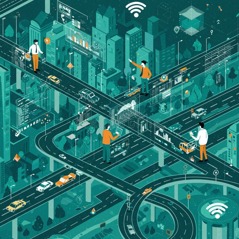 Futuristic cityscape illustration with abstract isometric design. Features stock illustration