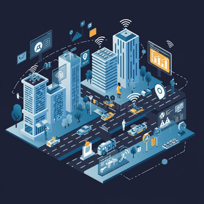 Futuristic cityscape illustration in isometric view featuring multiple skyscrapers and stock illustration