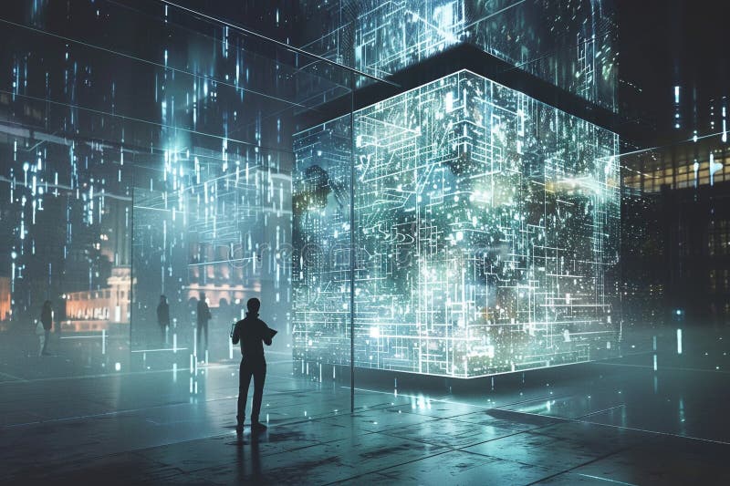 Futuristic cityscape person studying glowing data cube digital information technology network innovation future city modern vector illustration