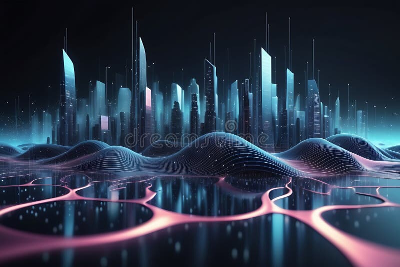 Peisaj informatic futurist cu puncte pulsante și tehnologia valurilor curgătoare de fundal cibernetic de fundal abstract 3d stock illustration