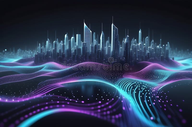 Peisaj informatic futurist cu puncte pulsante și tehnologia valurilor curgătoare de fundal cibernetic de fundal abstract 3d vector illustration