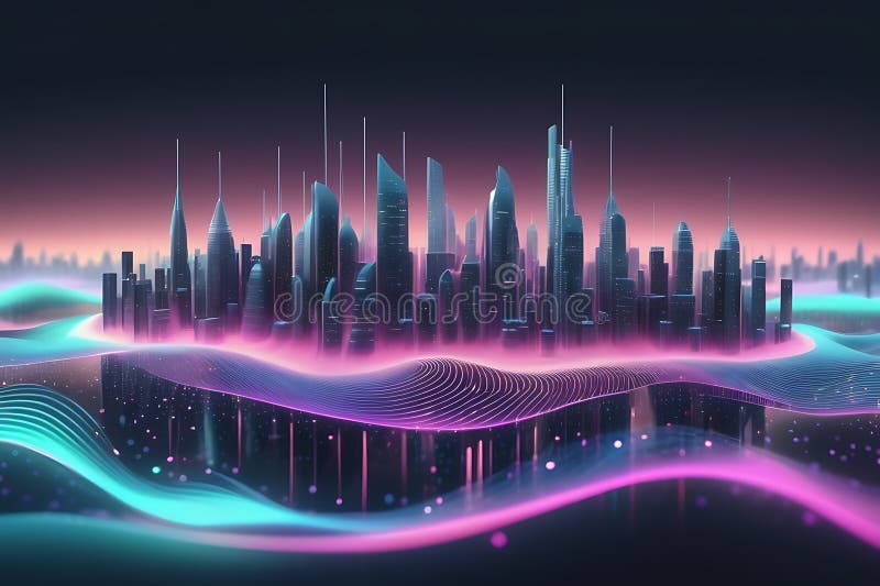 Peisaj informatic futurist cu puncte pulsante și tehnologia valurilor curgătoare de fundal cibernetic de fundal abstract 3d vector illustration