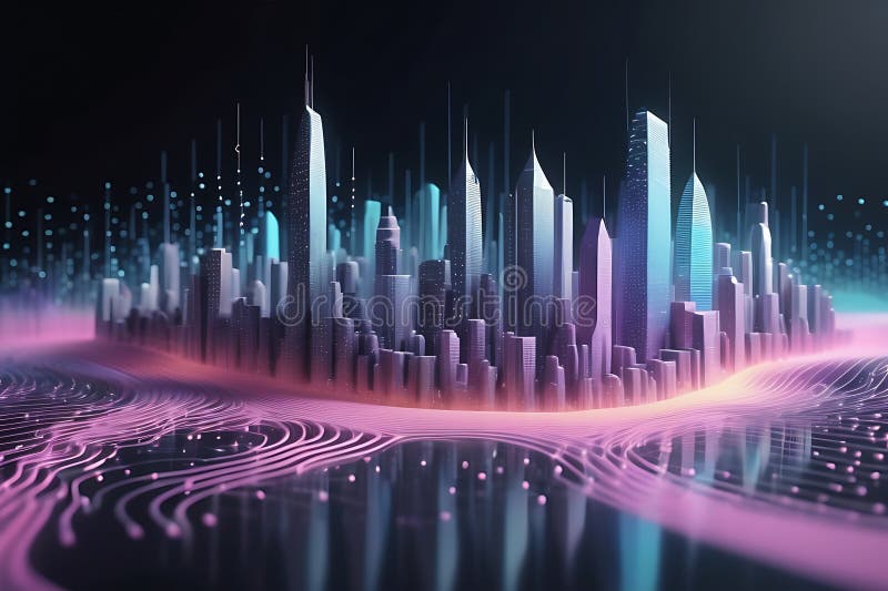 Peisaj informatic futurist cu puncte pulsante și tehnologia valurilor curgătoare de fundal cibernetic de fundal abstract 3d vector illustration