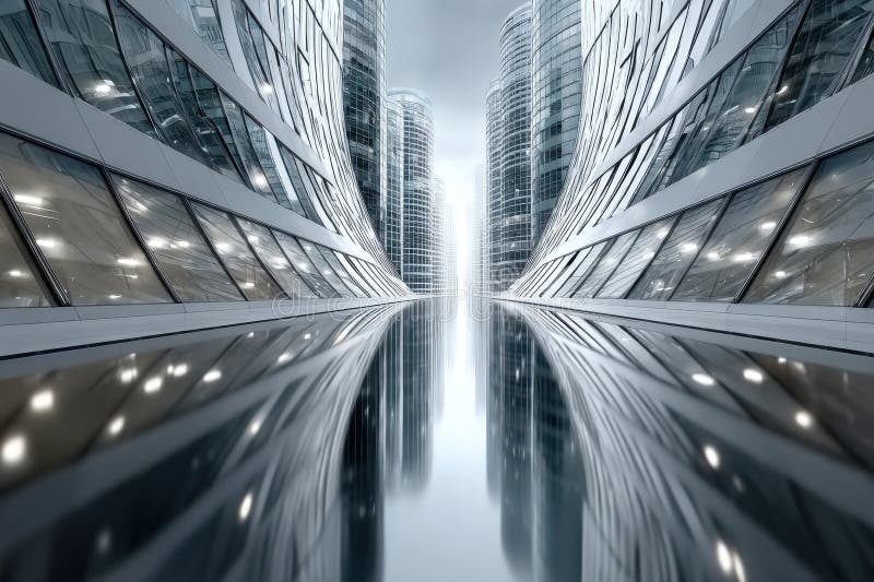 Futuristic Cityscape with Reflective Water Feature royalty free stock image