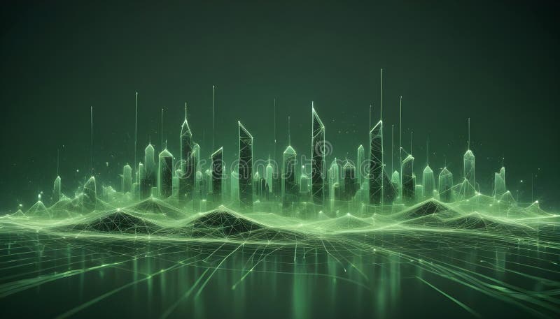 A futuristic cityscape rendered as a glowing green network of lines, representing a modern and technological urban stock illustration