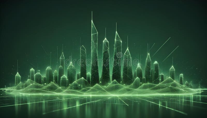 A futuristic cityscape rendered as a glowing green network of lines, representing a modern and technological urban royalty free illustration