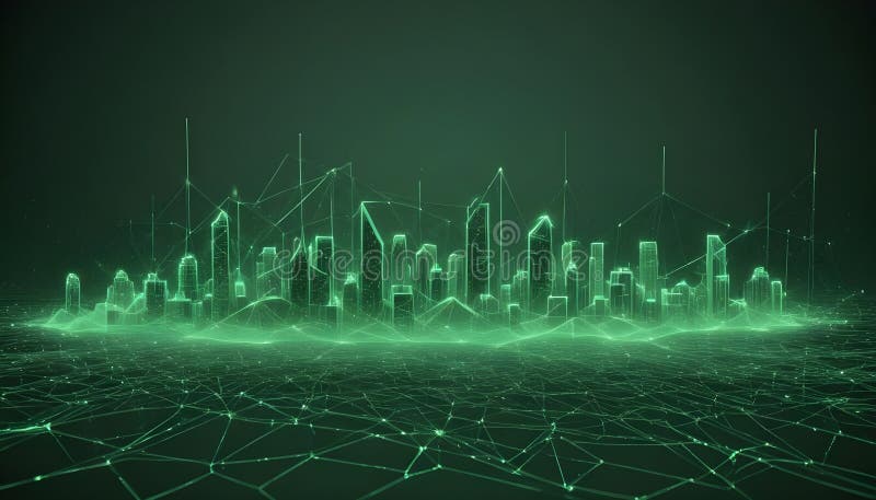 A futuristic cityscape rendered as a glowing green network of lines, representing a modern and technological urban vector illustration