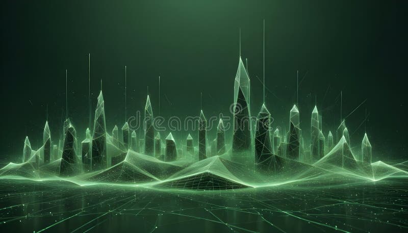 A futuristic cityscape rendered as a glowing green network of lines, representing a modern and technological urban vector illustration