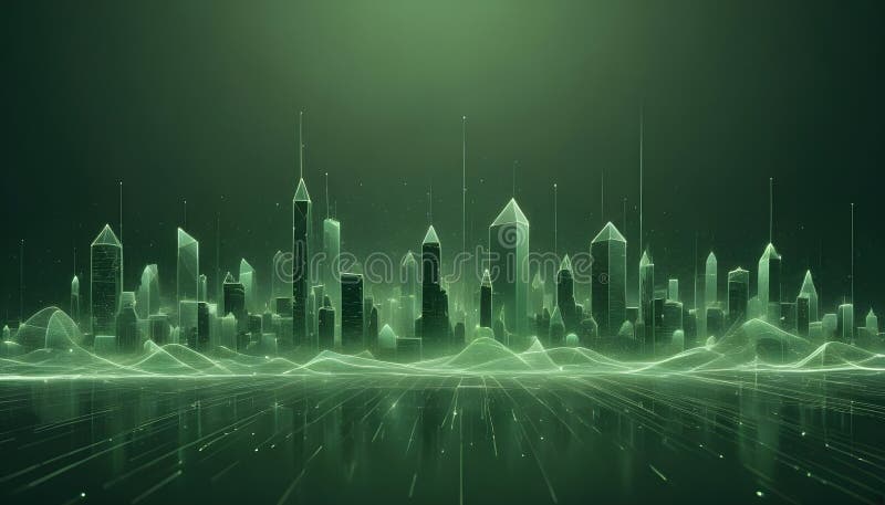 Futuristic cityscape rendered as a glowing green network of lines, symbolizing a modern and technological urban stock illustration