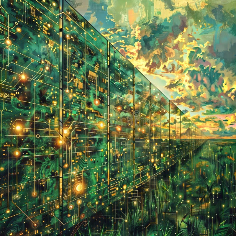 Tech & Nature: City with Circuit Patterns, generative ai royalty free illustration