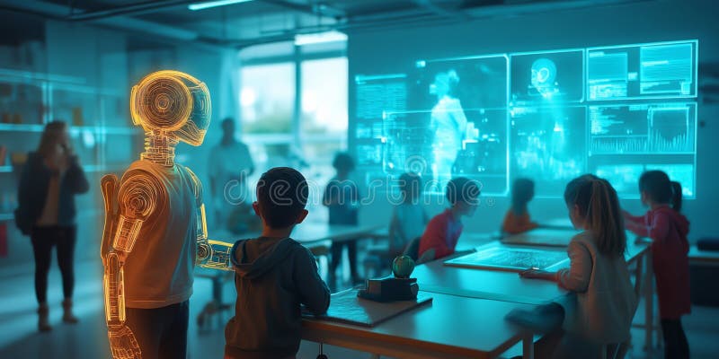 A futuristic classroom scene featuring a robot assisting children in their learning. The environment is high-tech and royalty free stock photo