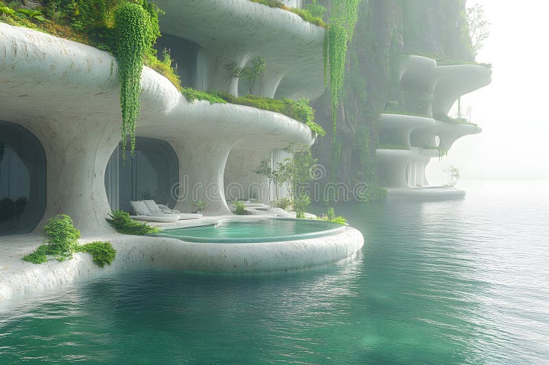 Futuristic Cliffside Retreat με οργανική αρχιτεκτονική και σχεδίαση Luxury Pool Genertive AI διανυσματική απεικόνιση