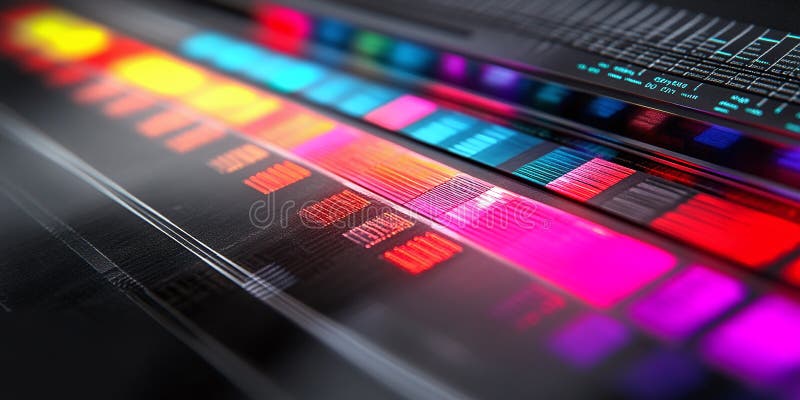 A futuristic close-up of a colorful code editor display with vibrant neon lines, symbolizing digital innovation, programming, and royalty free illustration