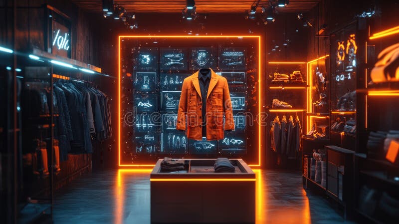 A futuristic clothing store with an orange jacket on display, illuminated by neon lights royalty free illustration