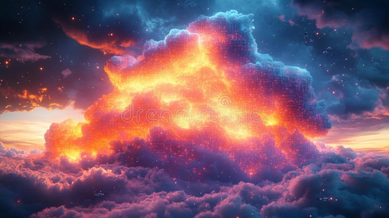 Futuristic cloud and city with glowing circuits stock illustration