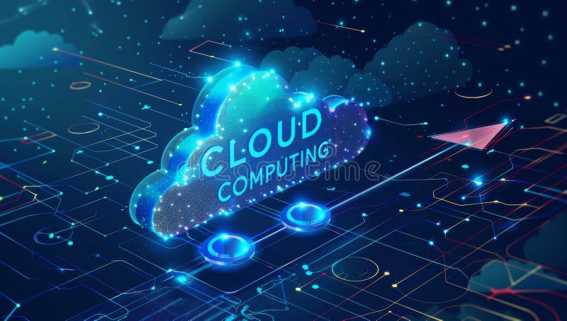 Concept futurist de cloud computing cu conexiuni la rețea digitală și pictogramă de tip cloud strălucitor stock illustration