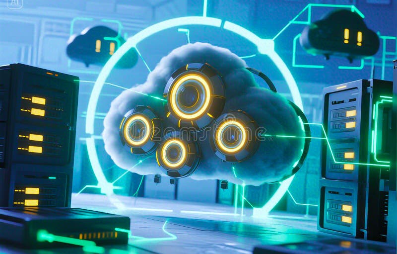 Futuristic Cloud Computing Device in High-Tech Data Center. Cloud computing in server rooms with digital storage secure data center technology and modern cloud network systems. Large modern server room interior in neon light with a cloud data storage or data center. Blue glow symbolizes networking, processing and information technologies with. A glowing, cloud-shaped device with advanced technology is connected to a network of servers and cables in a modern data center. The image highlights the concept of cloud computing, digital infrastructure, and cutting-edge technology. The warm, neon lighting emphasizes innovation and connectivity, making it ideal for use in marketing materials related to IT solutions, data management, or futuristic tech concepts. Generative Ai. datum, futuristic, technology, security, innovation, computer, cyberspace, server, storage, business, cloud, computing, connection, database, network, system, communication, digital, infrastructure, machine, abstract, modern, ai, center, information technology, concept, background, artificial intelligence, information, intelligence, processing, blue, cloud computing, cyber, horizontal, internet, service, virtual, artificial, data center, hardware, access, big, icon, computer network, learning, neon, online, rack, room, software, tech, transformation, backup, device, hosting, web, blockchain, design, automation, big data, future, global, glowing, management, networking, privacy, protection, solution, color image, illustration, space, equipment, wireless technology, analysis, application, connected, contemplation, creativity, enterprise, firewall, graphic, ideas, interface, large, progress, remote, render, safety, science, accessibility, automated, circuit, downloading, encryption, ideal, integration, lock, platform, cpu, global communications, light, security system, bitcoin, symbol, chatbot, advice, arrow, blur, coding, company, confidential, connectivity, contemporary, cool, development, discussion, download, efficiency, electronic, evolution, flow, genius, glow, identity, illumination, imagination, indoors, inspiration, interaction, manager, media, operation, order, paying, performance, power, protect, research, resource, risk, secure, share, speed, strategy, stream, tablet, talking, three-dimensional, tone, transfer, usa, user, warehouse, warm, worldwide, binary code, biometrics, continuity, corridor, datacenter, diagnostic, e-commerce, e-mail, energy, exchanging, head, interior, locking, mental health, mobile, password, processor, provider, rendering, robot, scalable, semiconductor, shield, spyware, surface, telecom, threats, bandwidth, complex, component. Shield artificial intelligence stock images, royalty-free photos and pictures