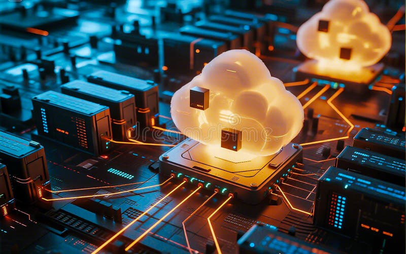 Futuristic Cloud Computing Device in High-Tech Data Center. Cloud computing in server rooms with digital storage secure data center technology and modern cloud network systems. Large modern server room interior in neon light with a cloud data storage or data center. Blue glow symbolizes networking, processing and information technologies with. A glowing, cloud-shaped device with advanced technology is connected to a network of servers and cables in a modern data center. The image highlights the concept of cloud computing, digital infrastructure, and cutting-edge technology. The warm, neon lighting emphasizes innovation and connectivity, making it ideal for use in marketing materials related to IT solutions, data management, or futuristic tech concepts. Generative Ai. datum, futuristic, technology, security, innovation, computer, cyberspace, server, storage, business, cloud, computing, connection, database, network, system, communication, digital, infrastructure, machine, abstract, modern, ai, center, information technology, concept, background, artificial intelligence, information, intelligence, processing, blue, cloud computing, cyber, horizontal, internet, service, virtual, artificial, data center, hardware, access, big, icon, computer network, learning, neon, online, rack, room, software, tech, transformation, backup, device, hosting, web, blockchain, design, automation, big data, future, global, glowing, management, networking, privacy, protection, solution, color image, illustration, space, equipment, wireless technology, analysis, application, connected, contemplation, creativity, enterprise, firewall, graphic, ideas, interface, large, progress, remote, render, safety, science, accessibility, automated, circuit, downloading, encryption, ideal, integration, lock, platform, cpu, global communications, light, security system, bitcoin, symbol, chatbot, advice, arrow, blur, coding, company, confidential, connectivity, contemporary, cool, development, discussion, download, efficiency, electronic, evolution, flow, genius, glow, identity, illumination, imagination, indoors, inspiration, interaction, manager, media, operation, order, paying, performance, power, protect, research, resource, risk, secure, share, speed, strategy, stream, tablet, talking, three-dimensional, tone, transfer, usa, user, warehouse, warm, worldwide, binary code, biometrics, continuity, corridor, datacenter, diagnostic, e-commerce, e-mail, energy, exchanging, head, interior, locking, mental health, mobile, password, processor, provider, rendering, robot, scalable, semiconductor, shield, spyware, surface, telecom, threats, bandwidth, complex, component. Shield artificial intelligence stock images, royalty-free photos and pictures