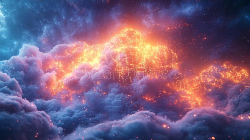 Futuristic cloud with glowing circuits above the city stock illustration