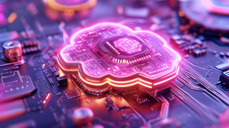 Futuristic Cloud and Processor on a High-Tech Circuit Board with Neon Lights vector illustration