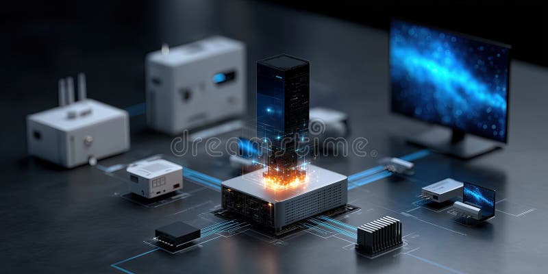 Futuristic cloud server connects to iot device, edge computing, digital data transfer, glowing royalty free illustration