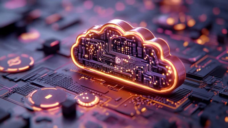 Futuristic Cloud Symbol with Neon Lights on a Digital Circuit Board vector illustration