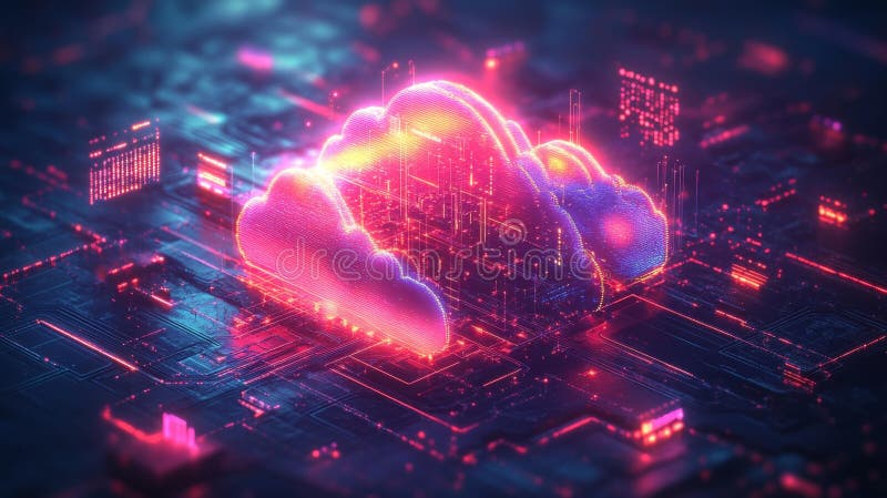 Futuristic Cloud Technology with Glowing Data Connections in Neon Pink and Blue stock illustration