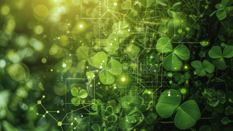 Futuristic clover field with digital matrix overlay stock images