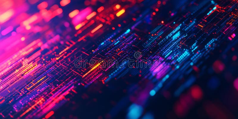 A futuristic, colorful abstract background featuring illuminated digital glitch effects. The stock photo