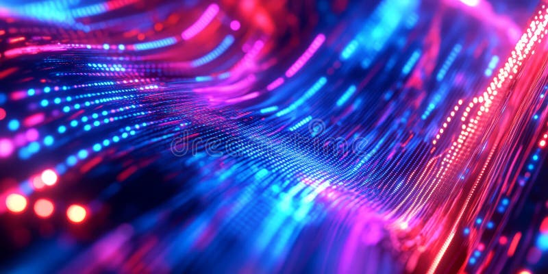 A futuristic, colorful abstract background featuring illuminated digital glitch effects. The stock photography