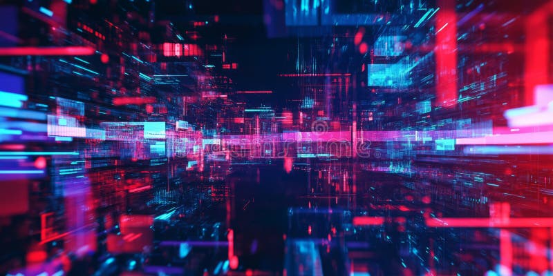 A futuristic, colorful abstract background featuring illuminated digital glitch effects. The stock photos