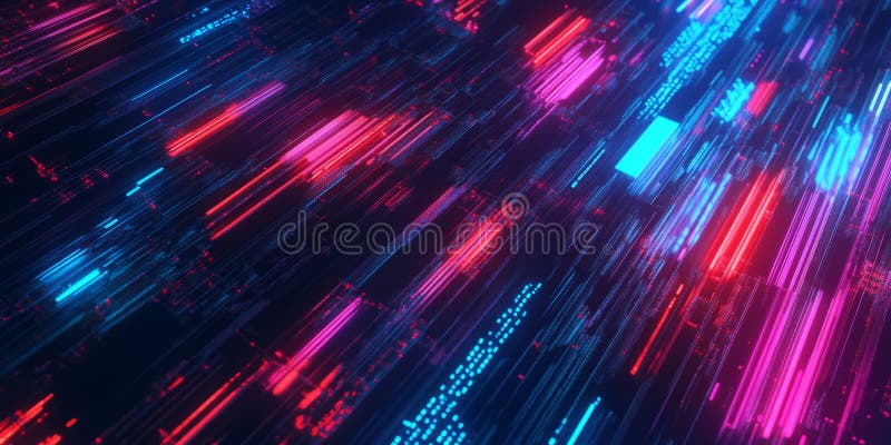 A futuristic, colorful abstract background featuring illuminated digital glitch effects. The stock photo