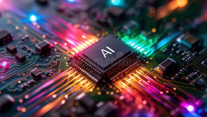 Futuristic, colorful design of an AI powered computer processing chip. Concept of artificial intelligence, machine learning, and stock illustration