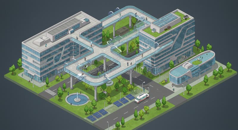 Futuristic complex featuring interconnected glass buildings with skywalks. Lush stock illustration