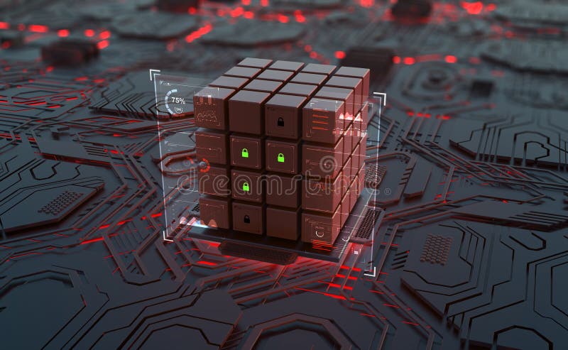 Futuristic computer board. Digital circuit and quantum processor. Artificial Intelligence and Technological Progress stock illustration